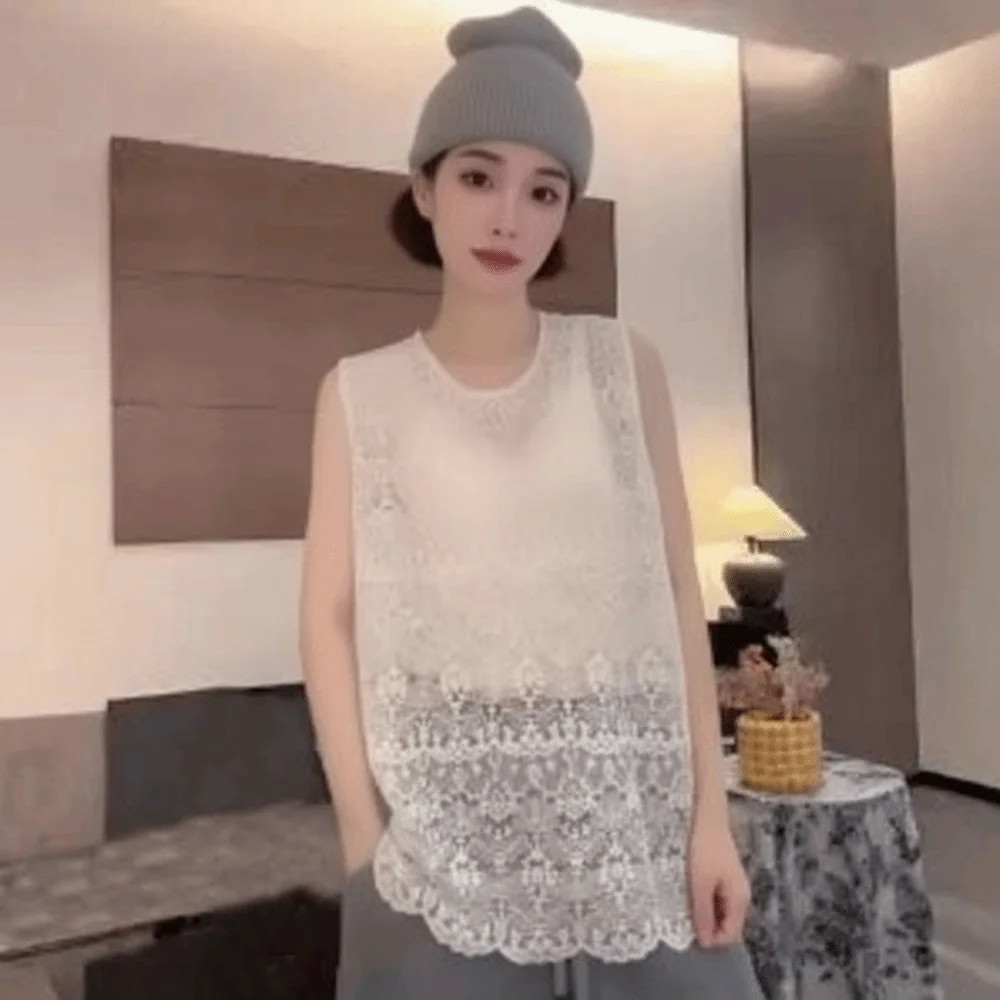 New Casual Sleeveless Lace Tank Top Floral Pattern Breathable Lace Vest Soft Round Neck Base Layer Vest