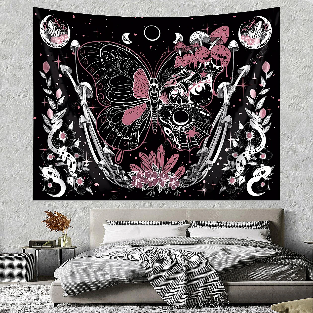 

Skull Hippie Mushroom Tapestry Colorful Skeleton Butterfly Tapestries for Bedroom Aesthetic Moon Phase Wall Hanging Cloth