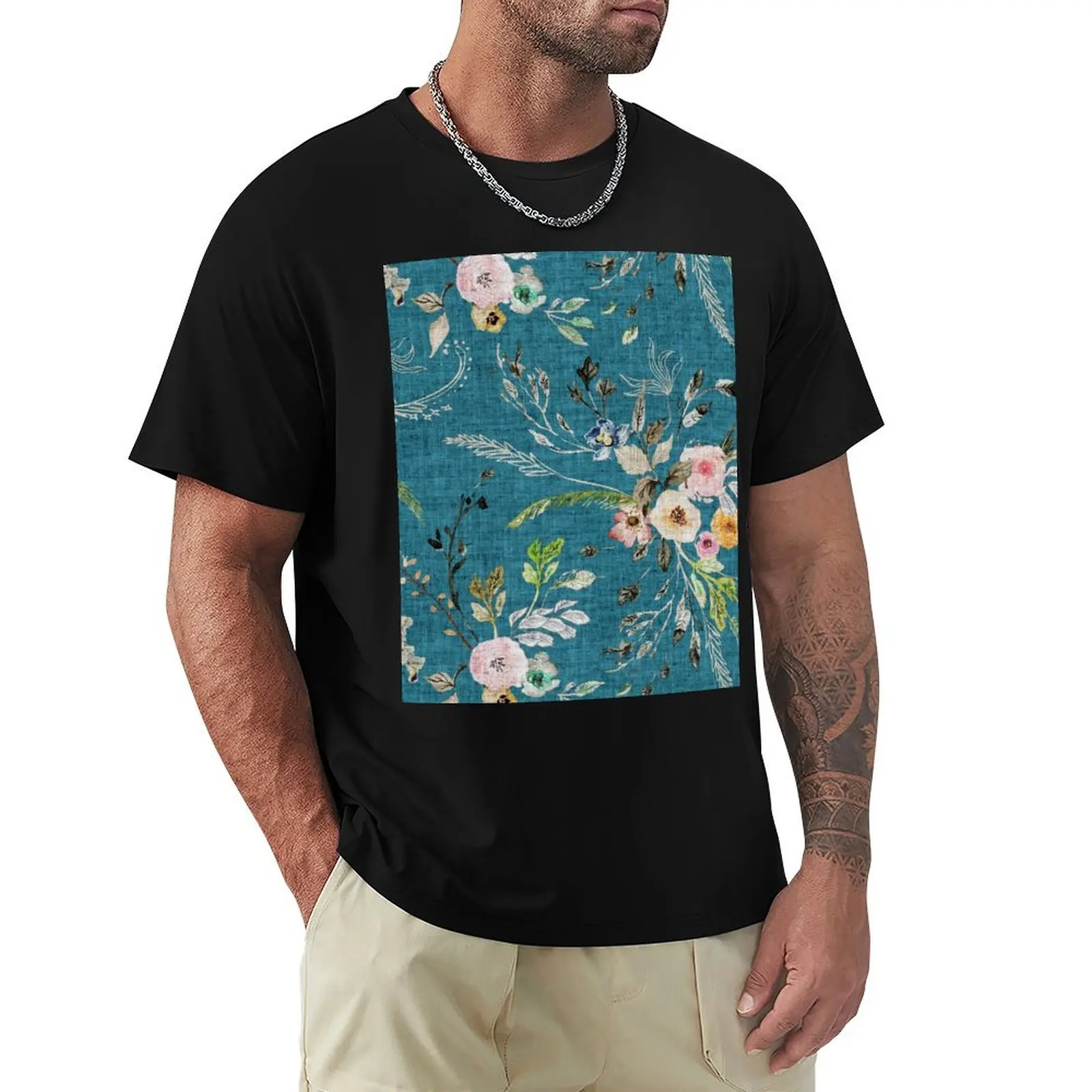 

La Boheme Teal Floral T-Shirt Lightweight Sport Basic T-Shirt
