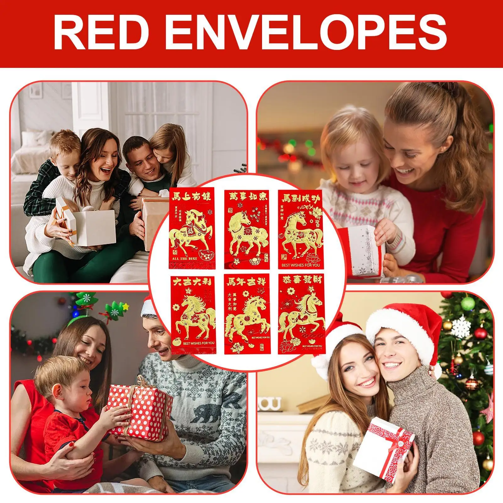 أظرف حمراء لعام الحصان 6 قطع من مستلزمات حفلات الأعياد وحزم حمراء لمهرجان الربيع لمخططي الأحداث وأعياد الميلاد وحفلات الزفاف #3