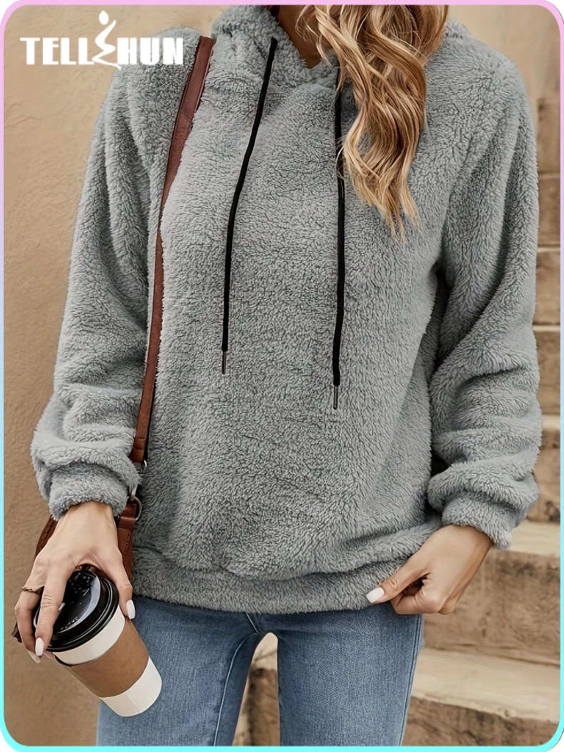 Autumn and Winter Plush Long-Sleeved Pullover Basic Hooded Casual Street Sweatshirt Women's solid Warm coat Tops