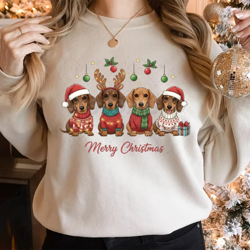 Świąteczna bluza z jamnikiem, unisex, dla miłośników zwierząt, codzienna bluzka z okrągłym dekoltem, Wesołych Świąt, męska i damska bluza pasująca do siebie.