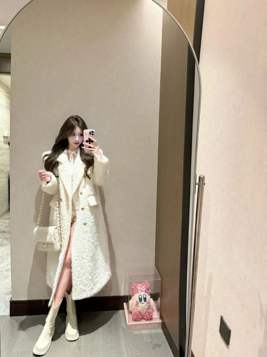 

Длинное шерстяное пальто Ele бежевого цвета с воротником, теплая и универсальная корейская женская верхняя одежда для зимнего сезона