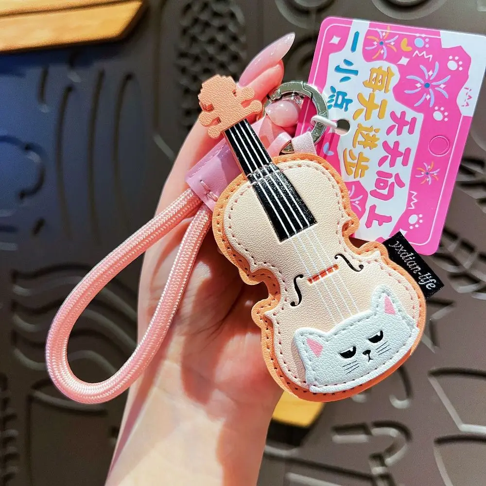 PU Leather Leather Keychain Black Cat Piano Shape Musical Instrument Keychain With Lanyard Guitar Shape Guitar Keyring - view 5