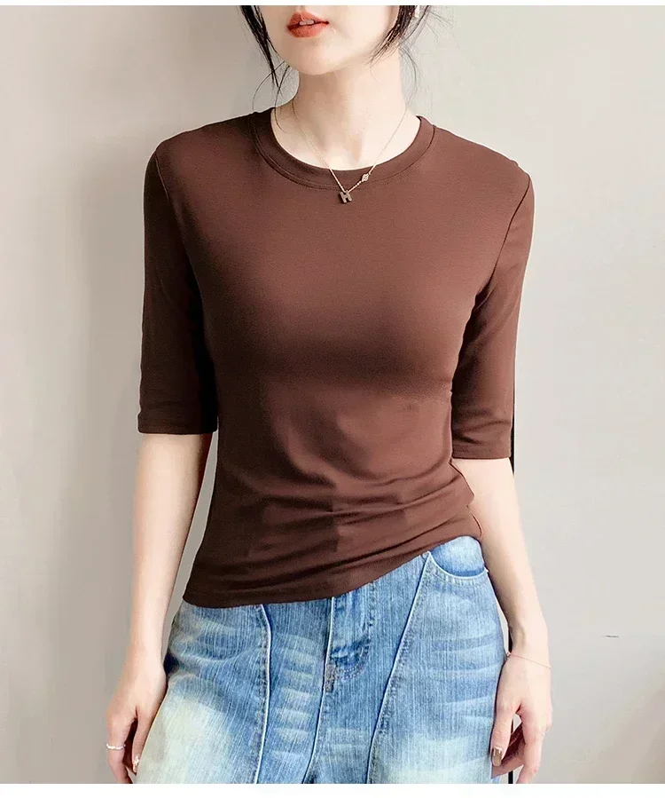 2026 Basic Einfarbiges Kurzarm-T-Shirt mit Rundhalsausschnitt, Eng Anliegend, Sommerliches Casual-Oberteil für Damen, Y2K Vintage Top, Harajuku Streetwear – Detail 32