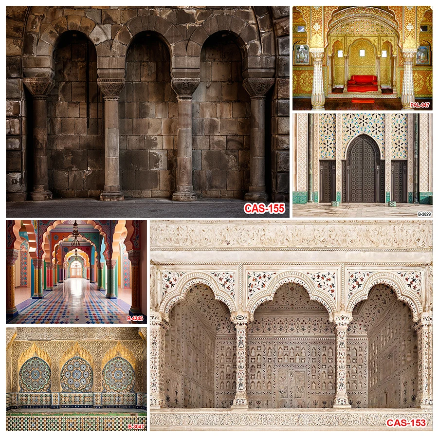 Moroccan Palace Backdrop Photography Retro Middle Eastern Style Colored Hall Column and Arch Decoration Background Photography