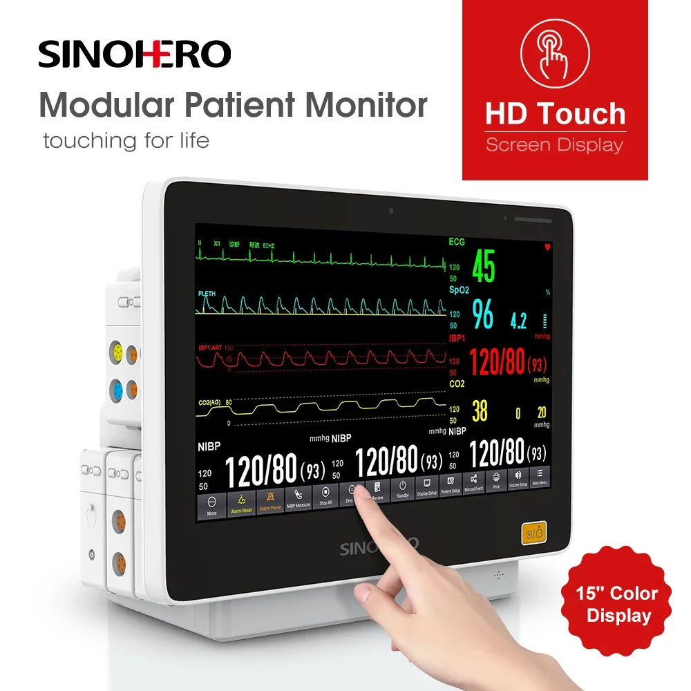 

Модульный монитор пациента с сенсорным экраном 15,6 дюйма, 6 параметров, 12 свинцовых жизненно важных признаков, монитор ЭКГ, NIBP, SPO2, TEMP, RESP, PR