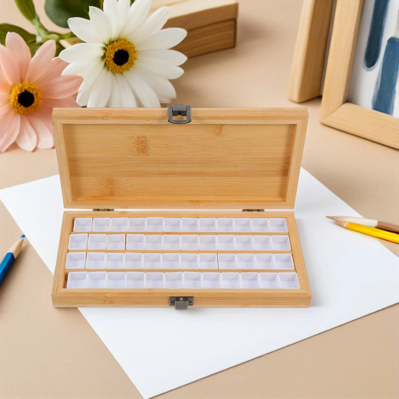 

48 Grid Bamboo Watercolor Palette Case Portable Professional Travel Palette Wood Painting Small Grid Container Watercolor Mixing