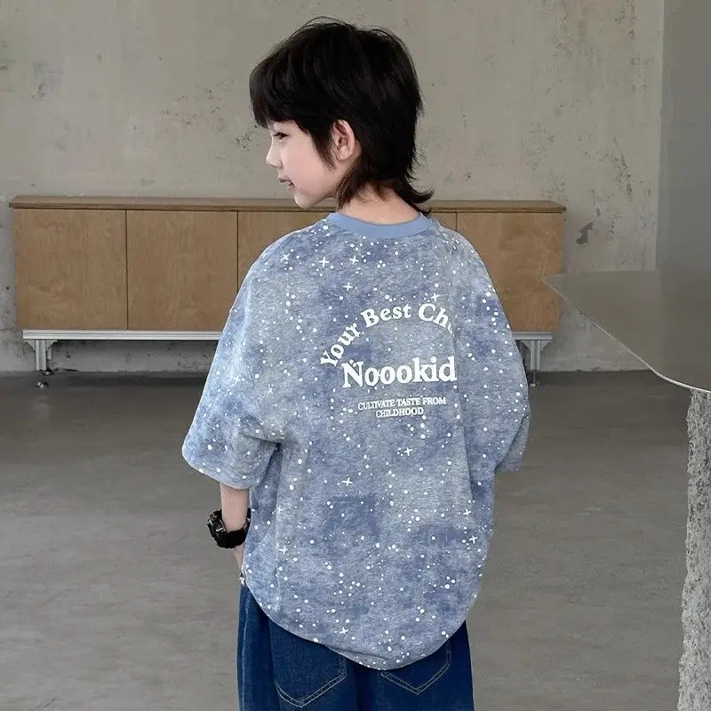 2026 New Boys' Summer Starry Sky Tie Dye Short Sleeve T-Shirt Pure Cotton Stylish Boys' Tops Trendy Summer Wear
