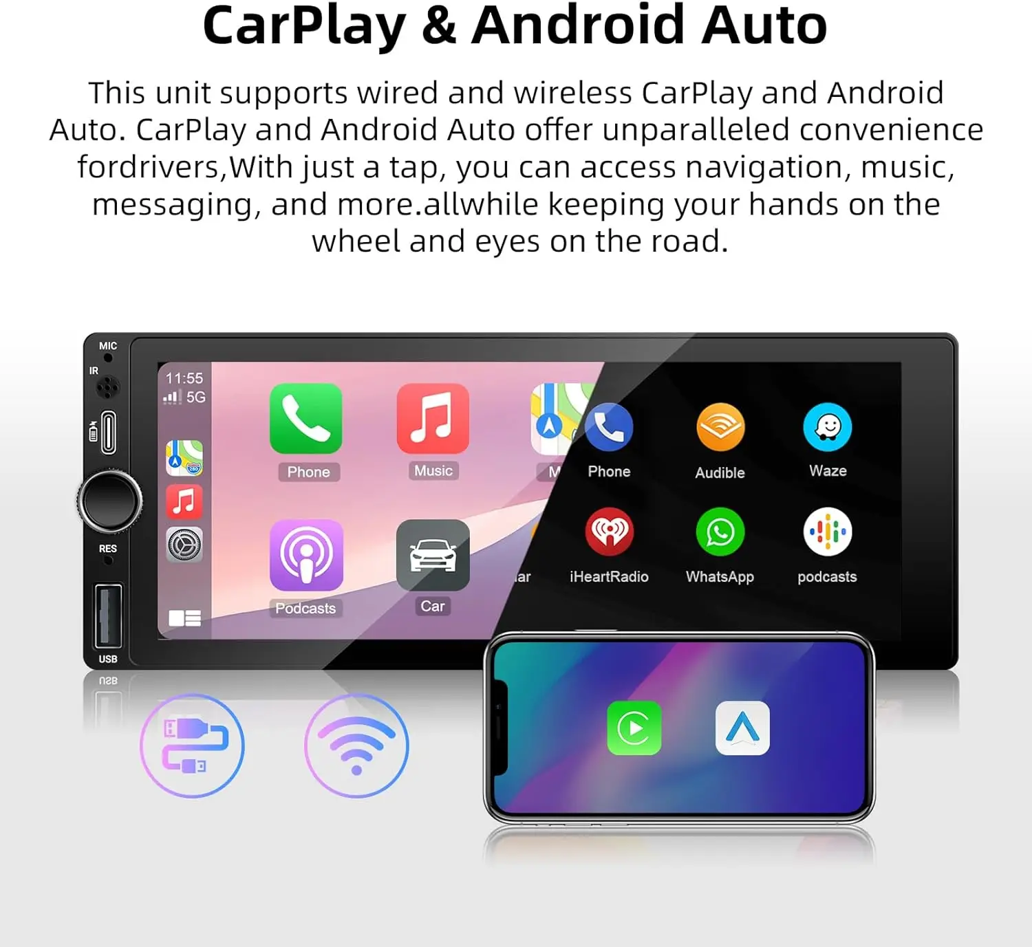 6.86' Car Radio with Wireless CarPlay & Android Auto, Type-C USB, Bluetooth, Backup Camera, Single-Din