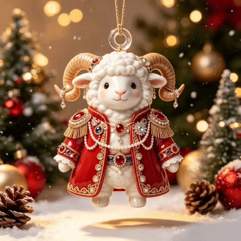 New 2D Flat Goat Hanging Ornament Acrylic Shining Goat Pendant Artificial Rhinestone Simulation Keychain Holiday Party Decor