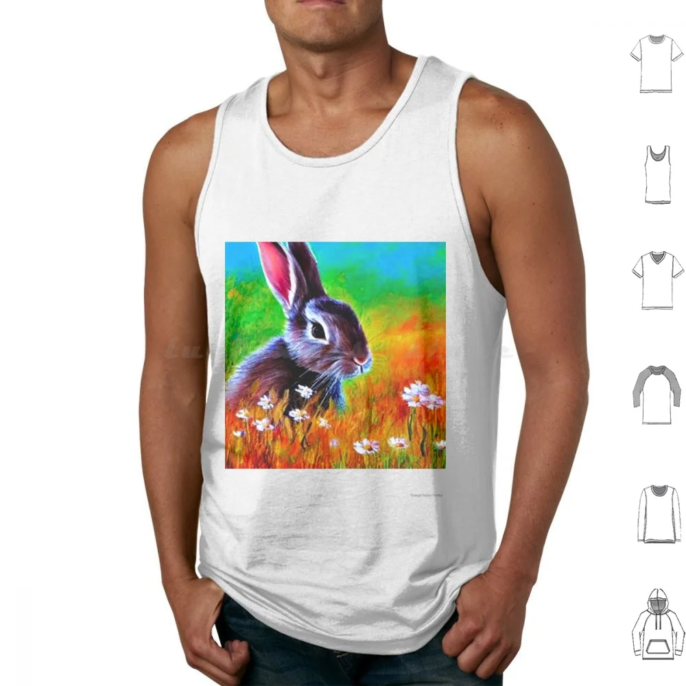 The Rabbit Ponders Tank Tops Vest Sleeveless Rabbit Grey Rabbit Shrubs Bushes Daisies Daisy Flowers Gray Meadow