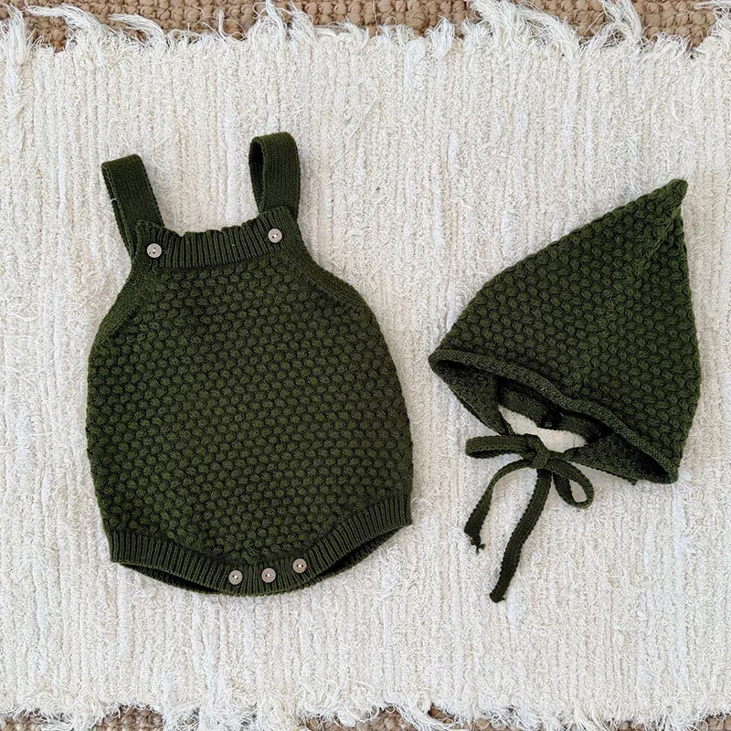 جديد ربيع 2026 رومبير محبوك للأطفال الأولاد والبنات رومبير للأطفال الرضع بدون أكمام بلون سادة بدلة محبوكة + قبعة ملابس أطفال #6