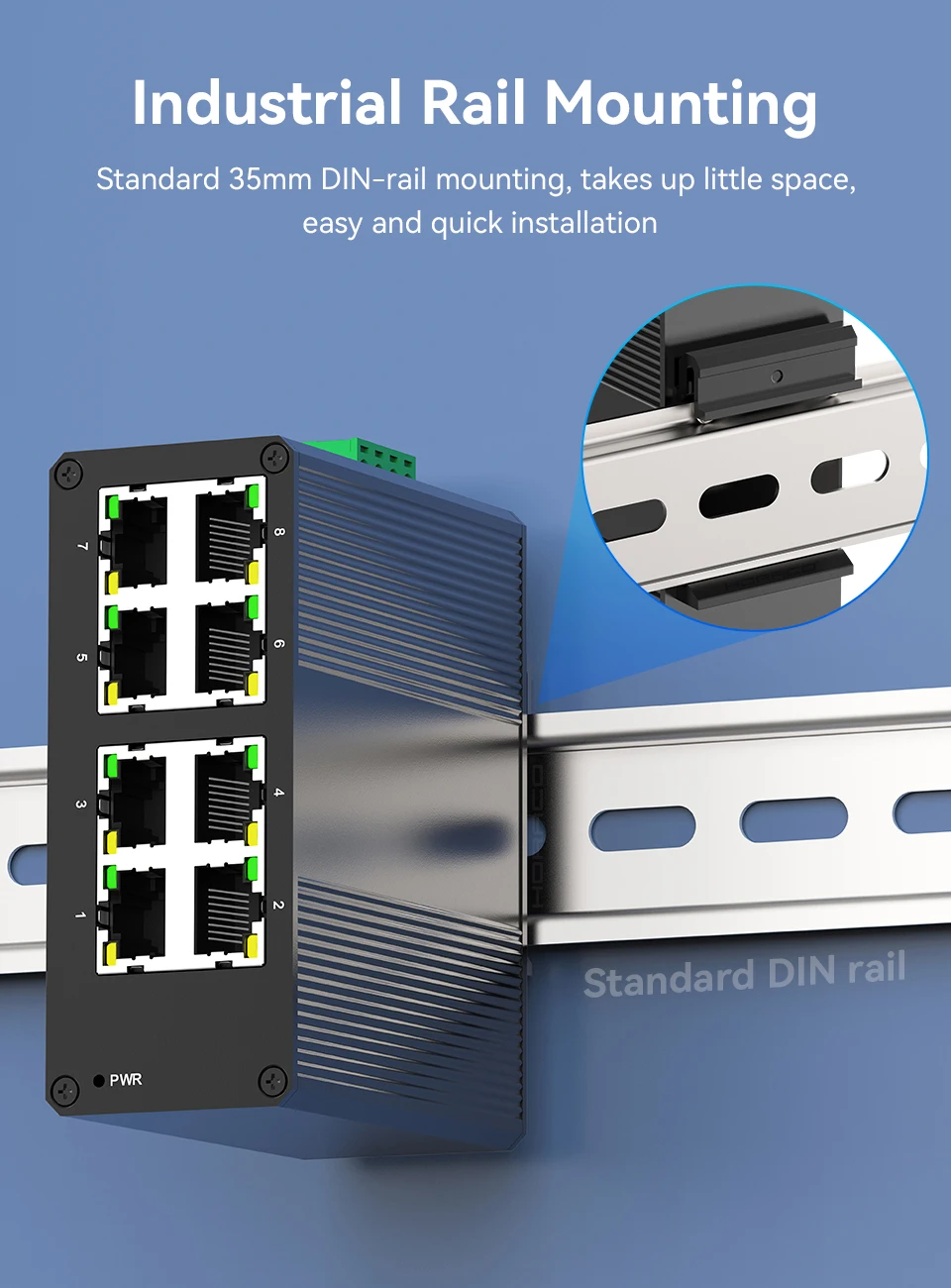 HORACO 8 Port 100 M Industrieschalter 10/100 M Mini Industrie Ethernet Netzwerk-Switch DIN-Schiene Plug-and-Play IP40-Schutz – Detail 9