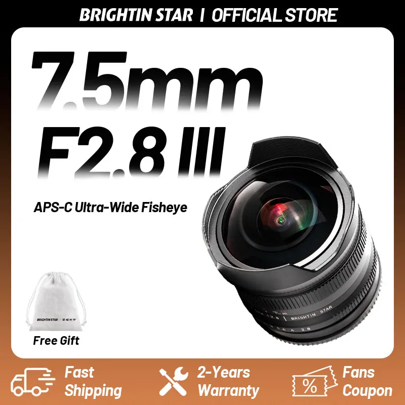 

Объектив Brightin Star 7.5mm F2.8 Ⅲ APS-C Fisheye с ультраширокоугольным ручным фокусом для беззеркальных камер SONY E, FUJI X, Canon EOS R, EOSM, Z, m43