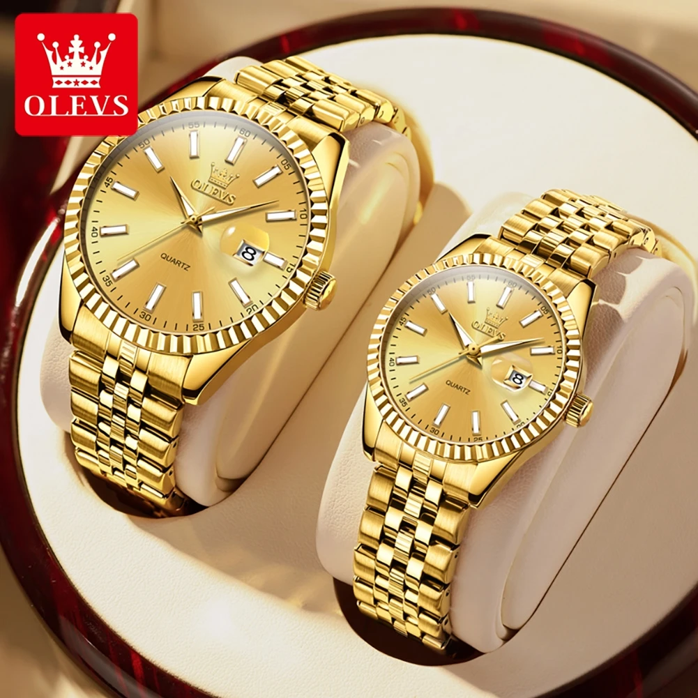 OLEVS Original Luxury Couple Watch Gold Stainless Steel Strap Quartz Men and Women Watch Romantic Lover Gift Bracelet Watches