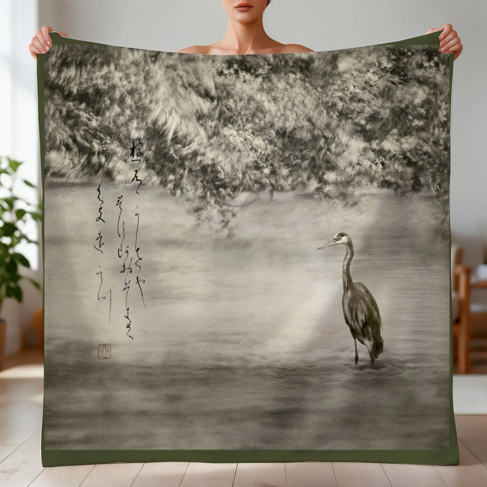 Pond and Heron Poetry Haiga - Haiku yuu kaze ya Throw Blanket Weighted Beautifuls Tourist Blankets