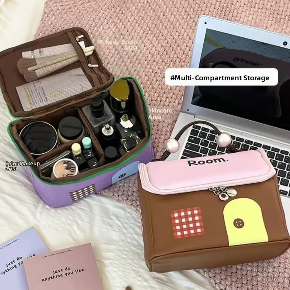 

Durable Large Capacity House Shape Makeup Bag Cute Dopamine Color Cosmetic Case Easy Carry Polyester Toiletry Organizer Gift