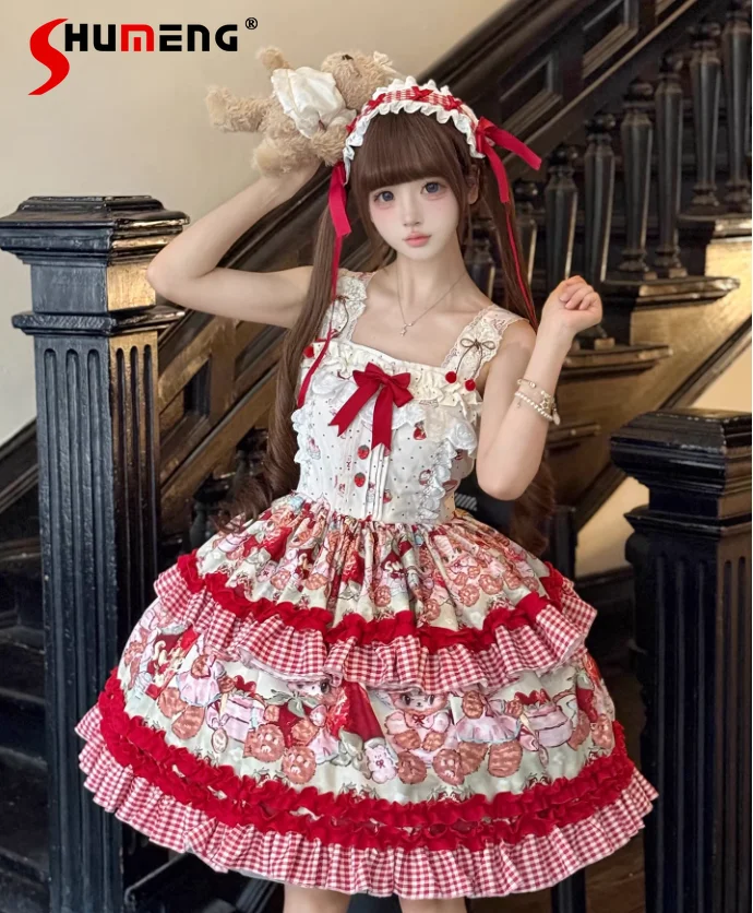 

Strawberry Dress Jsk for Womens Cute Girls Sweet Kawaii Bear Print Nee-length Dresses Apron Set Summer Princess Birthday Dress