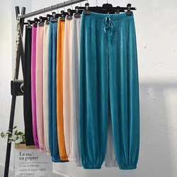 Summer New Ice Silk Chiffon Pleated Pants Women's High Waist Drape Loose Tie Feet Bloomers Thin Casual Trousers Yoga Loincloth