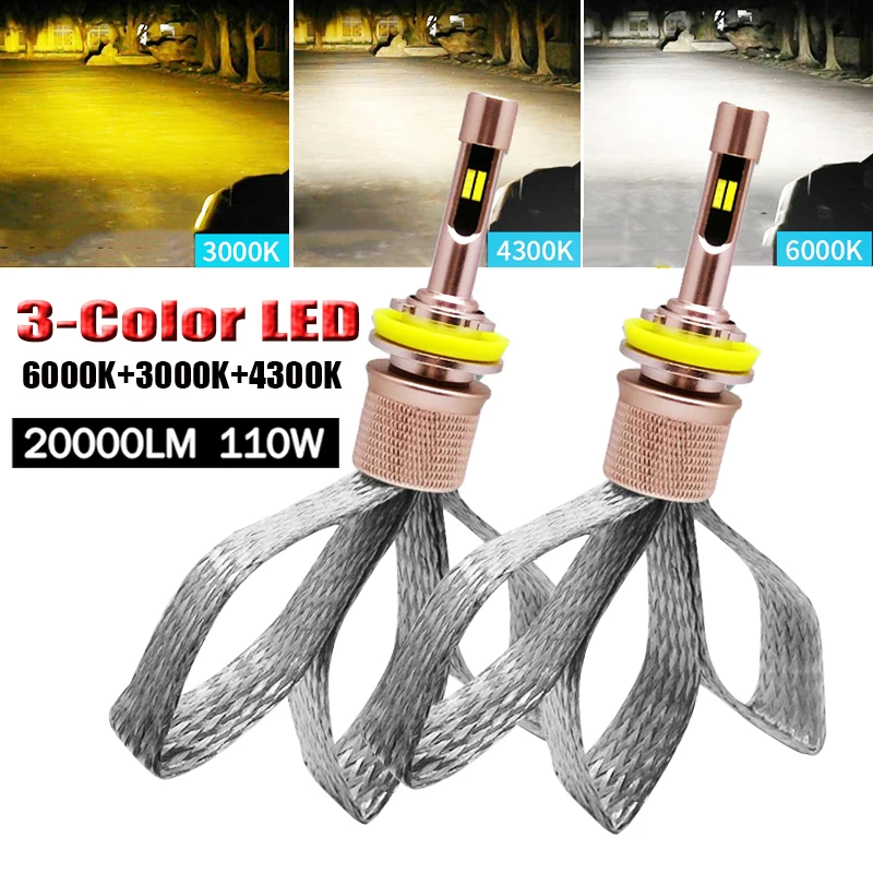 2X Tricolor Car Light H11 LED H1 H4 H7 9012 LED Headlight Bulbs 6000K 3000K 4300K 20000LM H9 9005 9006 HB3 HB4 880 Auto Fog Lamp