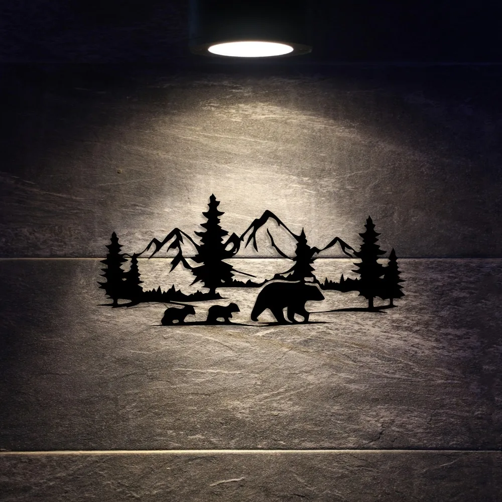 1pc Vintage Bear Family Metal Wall Art, Rustic Iron Black Bear Forest Sculpture with Mama Bear Cubs, Outdoor Cabin Lodge Fence D