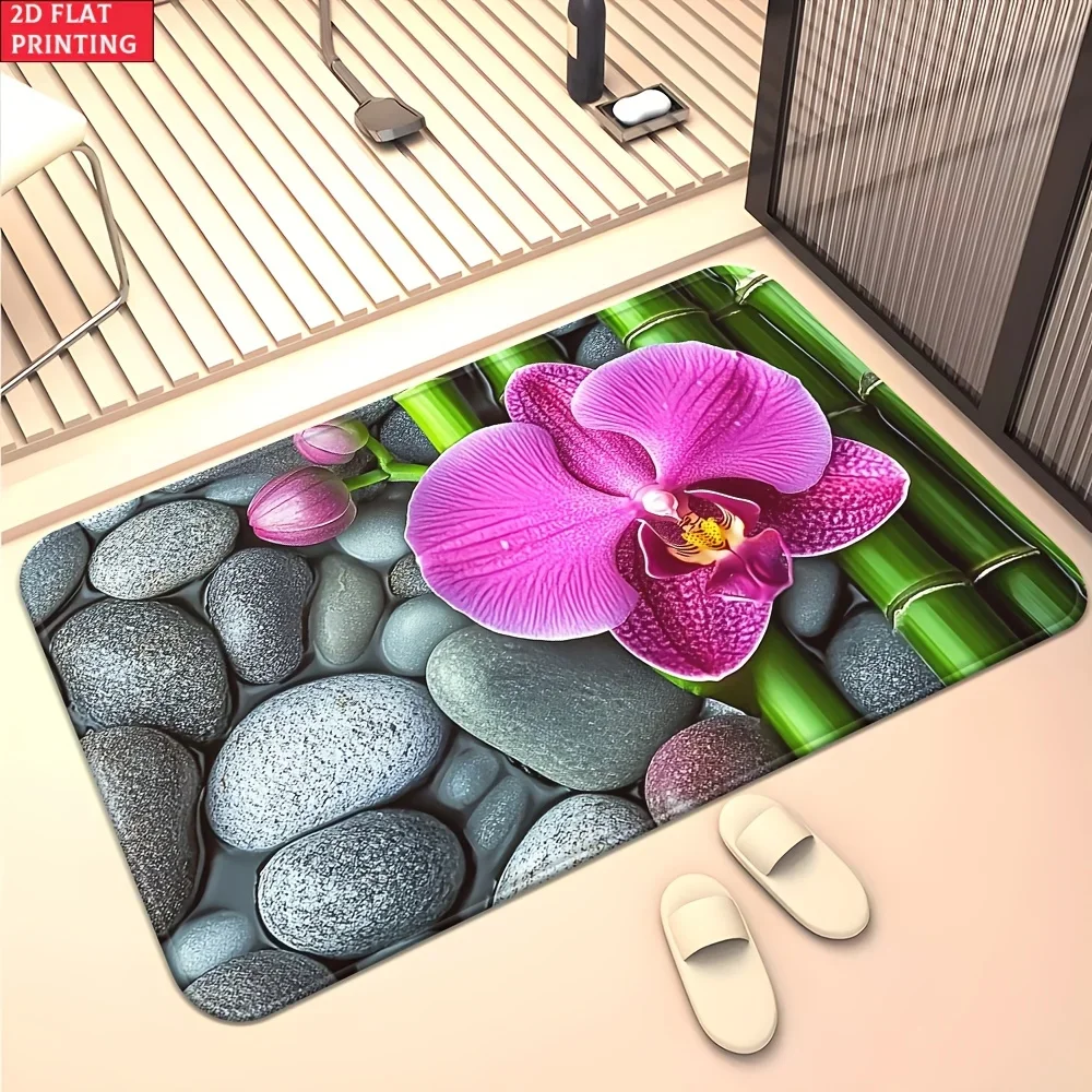 2D Flat Purple Orchid Zen Stones Flannel Bath Mat Non Slip Spa Inspired Shower Rug for Bathroom Relaxation Decor