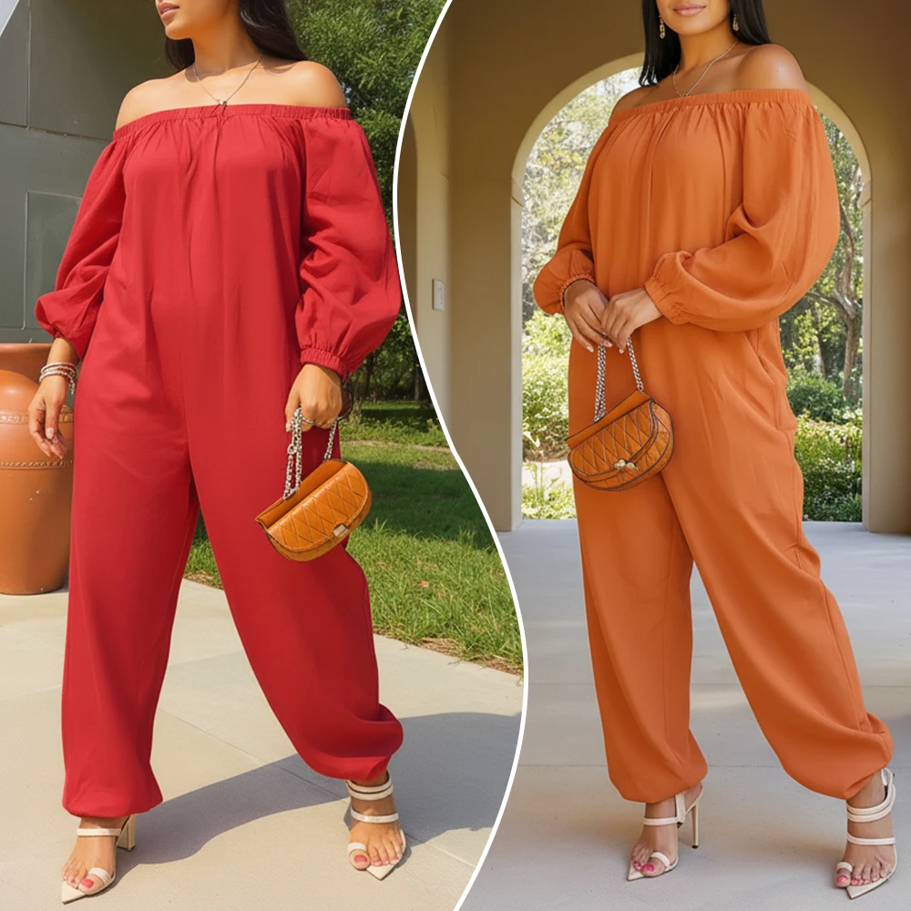 

Women's Comfort Wear 2025 Essential Off-Shoulder Long Sleeve Wide Leg Jumpsuit Ankle Length for Simplified Elegance