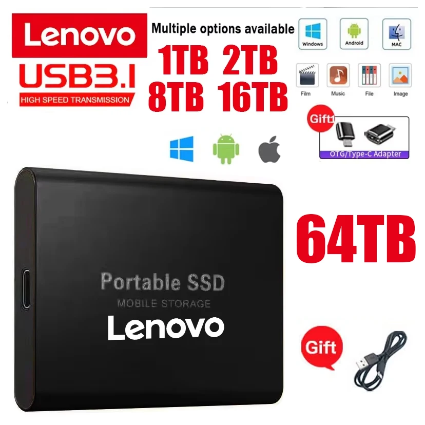 

Lenovo 1TB External Hard Disk 2TB High-Speed Hard Drive USB3.1 Type-C Solid State Drive Storage Disks for Laptops/Desktop/Mac