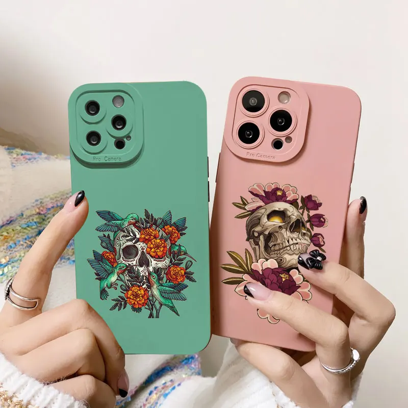 Fashin Skeleton Skull Flowers Pattern Phone Case For iPhone 13 11 12 14 Pro MAX XR X XS 7 8 Plus SE2020 Soft Silicone Back Cover