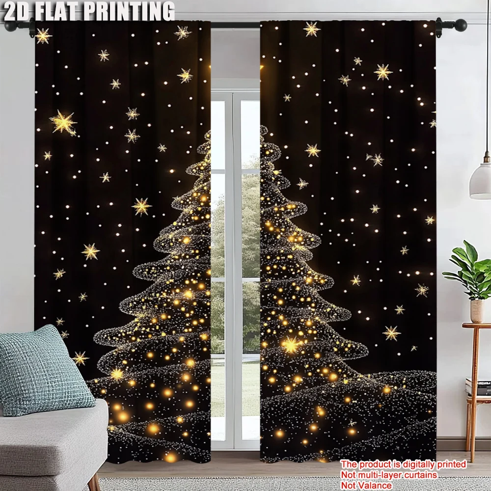 

2Pcs Golden Christmas Tree Print Curtains Rod Hole Design For Easy Hanging Perfect For Living Room Bedroom Office Polyester Home