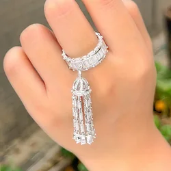 Designer Style Full Diamond Tassel Ring with Three-Dimensional Micro-Inlaid Rectangular Zirconia Hollow Design, Personalized Ring Jewelry, Valentine's Day, New Year, Gift, Party