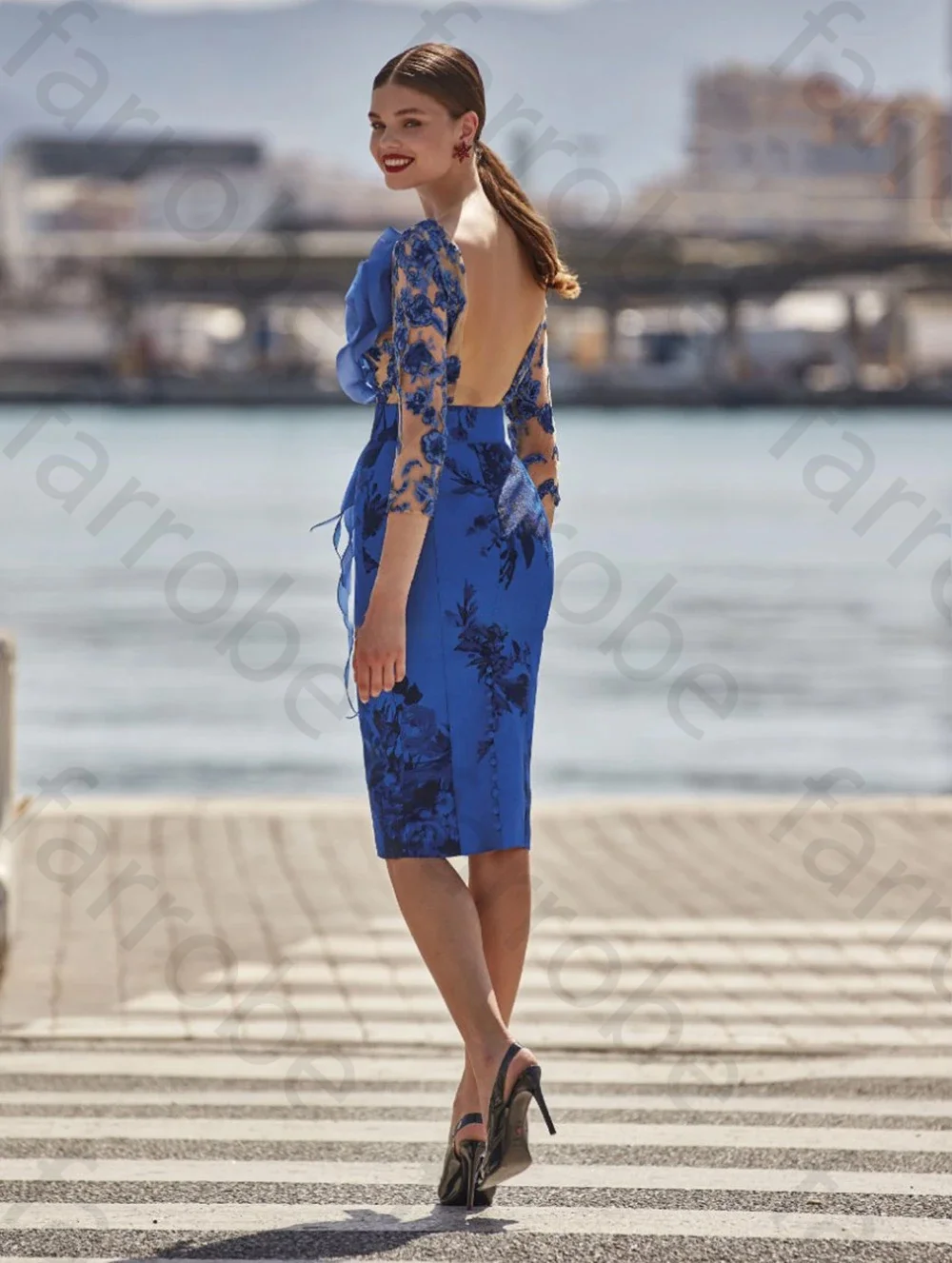 تخصيص رائع الأزرق قصيرة الدانتيل أم فستان الزفاف الوهم الأكمام مغرفة الرقبة أنيقة حفل زفاف ثوب طول الركبة