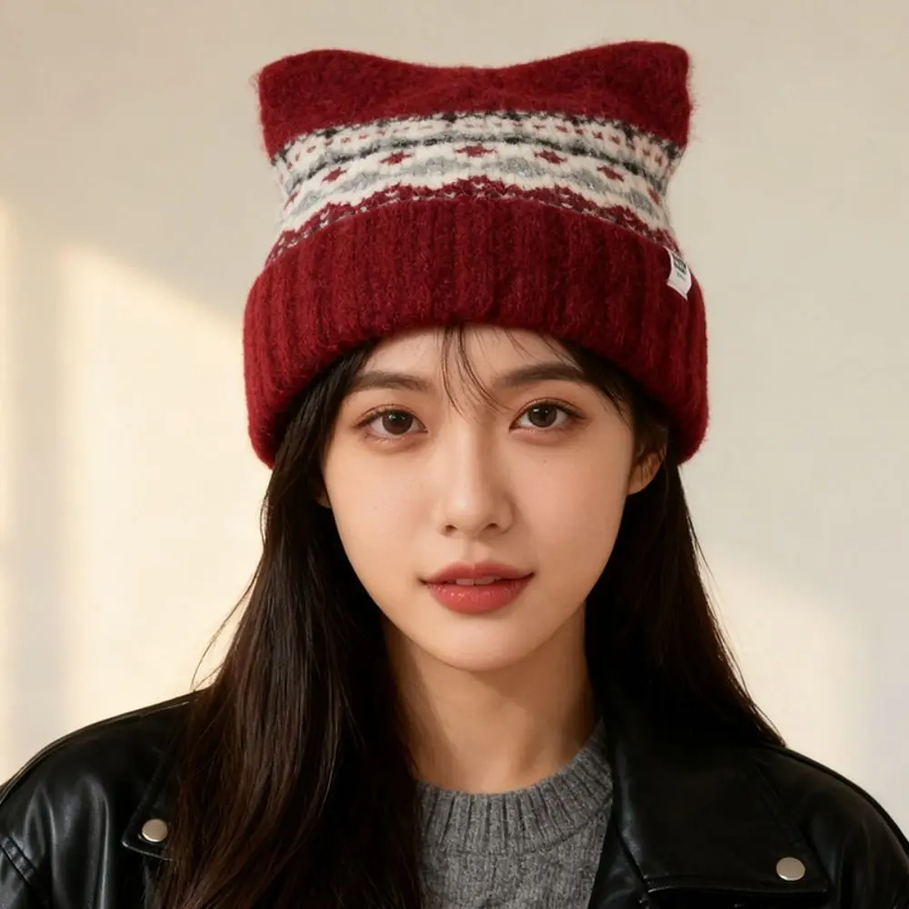 

Cute Fair Isle Style Jacquard Knitted Hat Fleece-lined Printed Cat Ears Beanies Warm Vintage Printing Knit Cap Girls