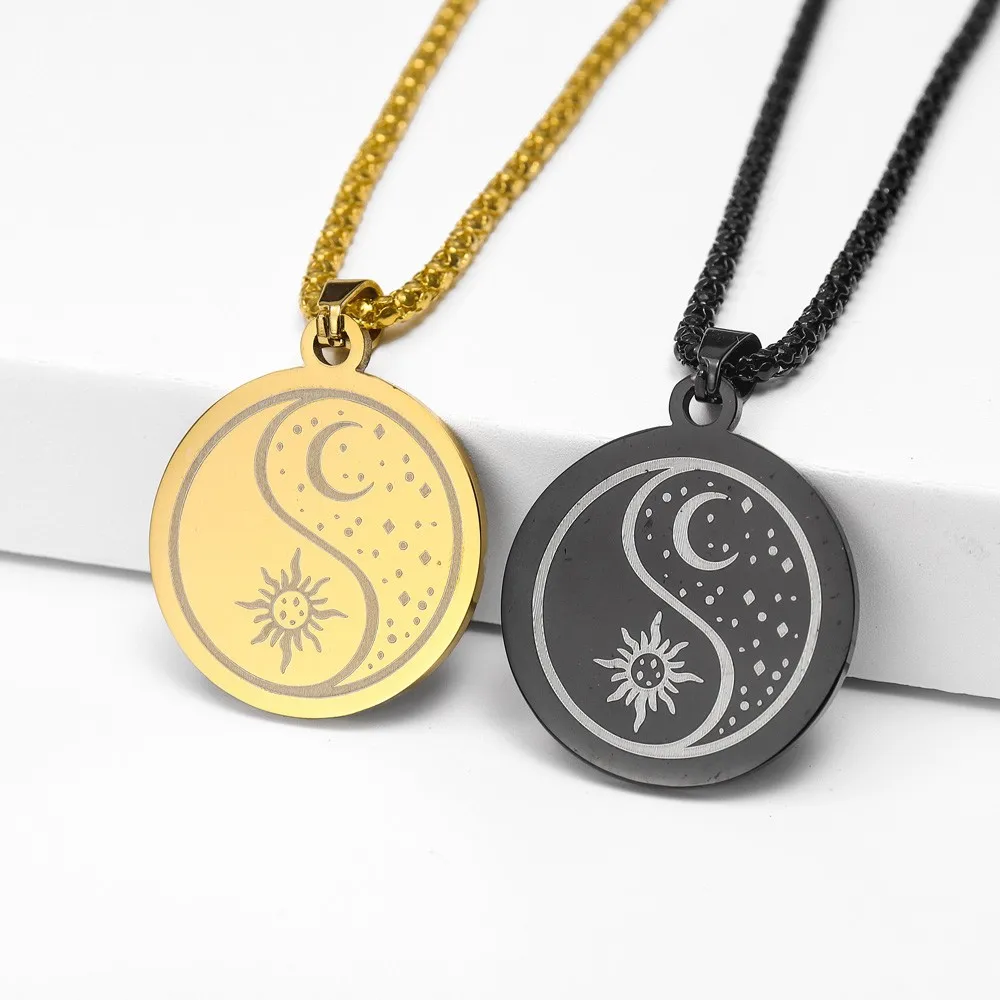

Round Stainless Steel Sun Moon Yin Yang Pendant Charm Men's Necklace Fashion Accessories Hip Hop Punk Jewelry Gift Dropship