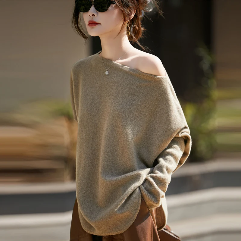 

Women's Sweater 100% Pure Wool One Neck Knitted Pullover Fashion Korean Version Bat Sleeve Tops Loose Knit Sweater Autumn Winter