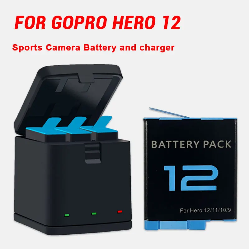 

Battery Pack for GoPro Hero 12 10 11 9 GoproHero 10 Go Pro12 Full Decode Sports Camera Batteries + Type-C 3 Slot USB Charger