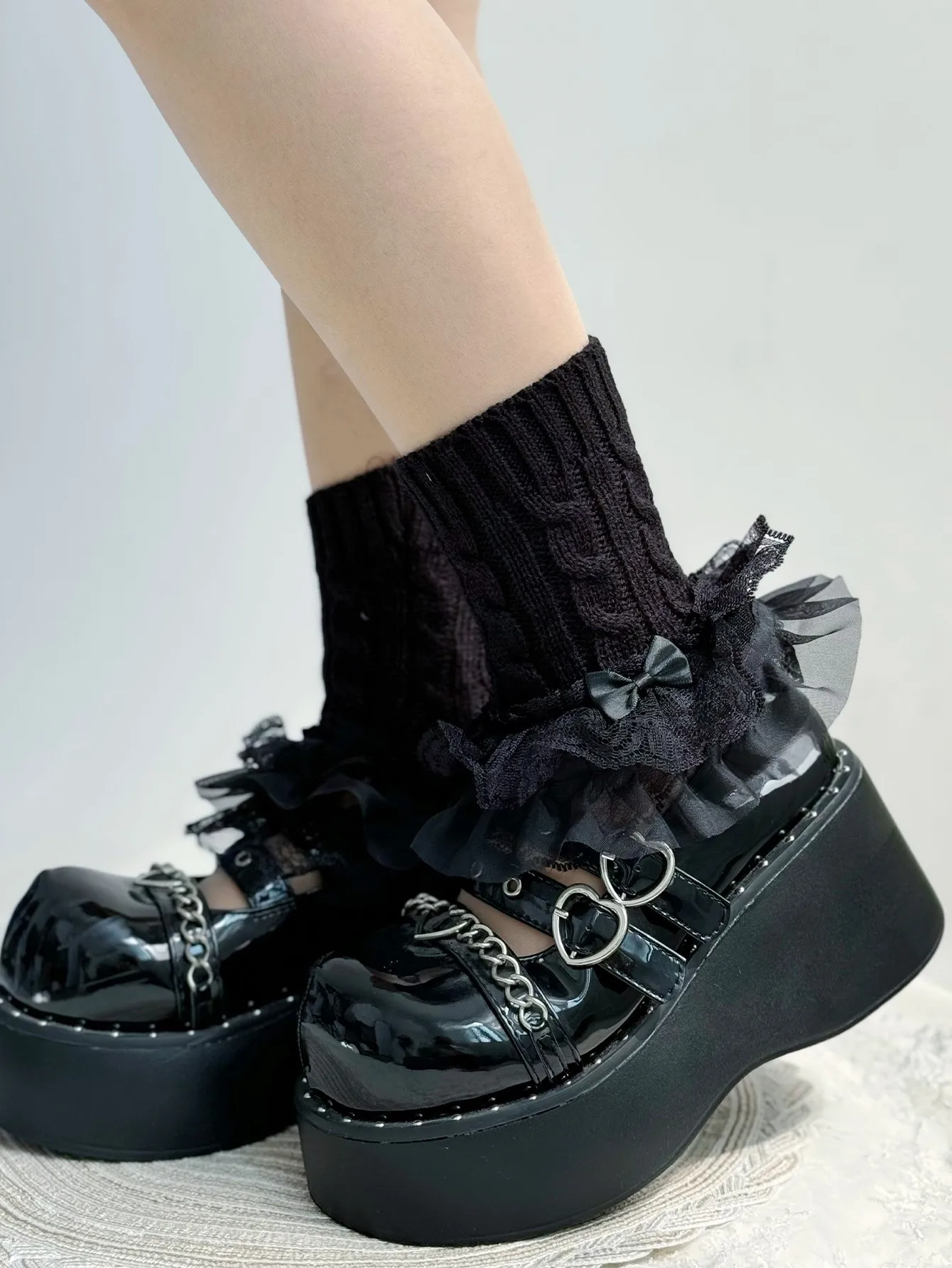 Spicy Girls Lace Trim Bowknot 2-in-1 Set Cute Girl Knitted Cable Hand Sleeve Ankle Socks Oversleeves for Women's Dress