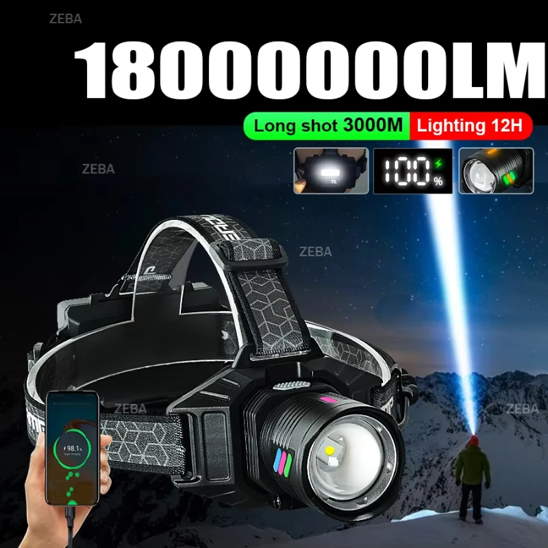 

Сверхмощный светодиодный налобный фонарь 1000000LM, дальность 3000 м, суперяркий, для кемпинга и походов, на аккумуляторе 18650