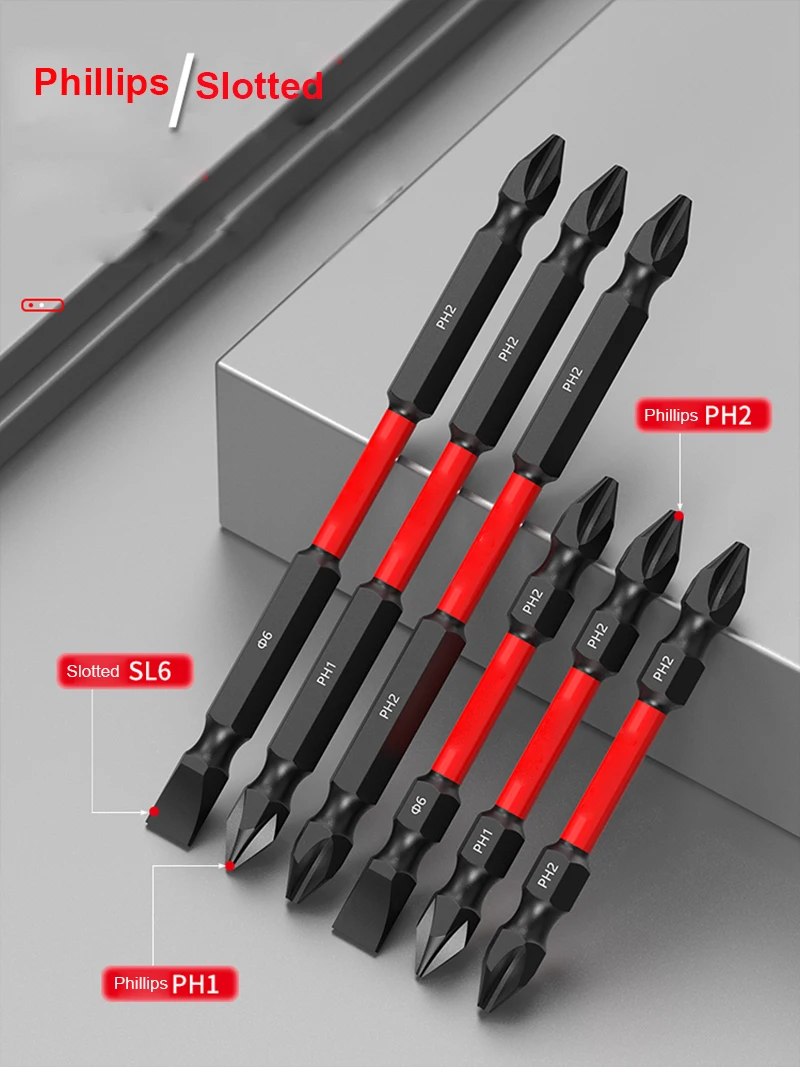 3pcs 1/4 Super hard Double head impact resistant Phillips Slotted screwdriver bits strong magnetic cross PH1 PH2 SL6 65mm/100mm