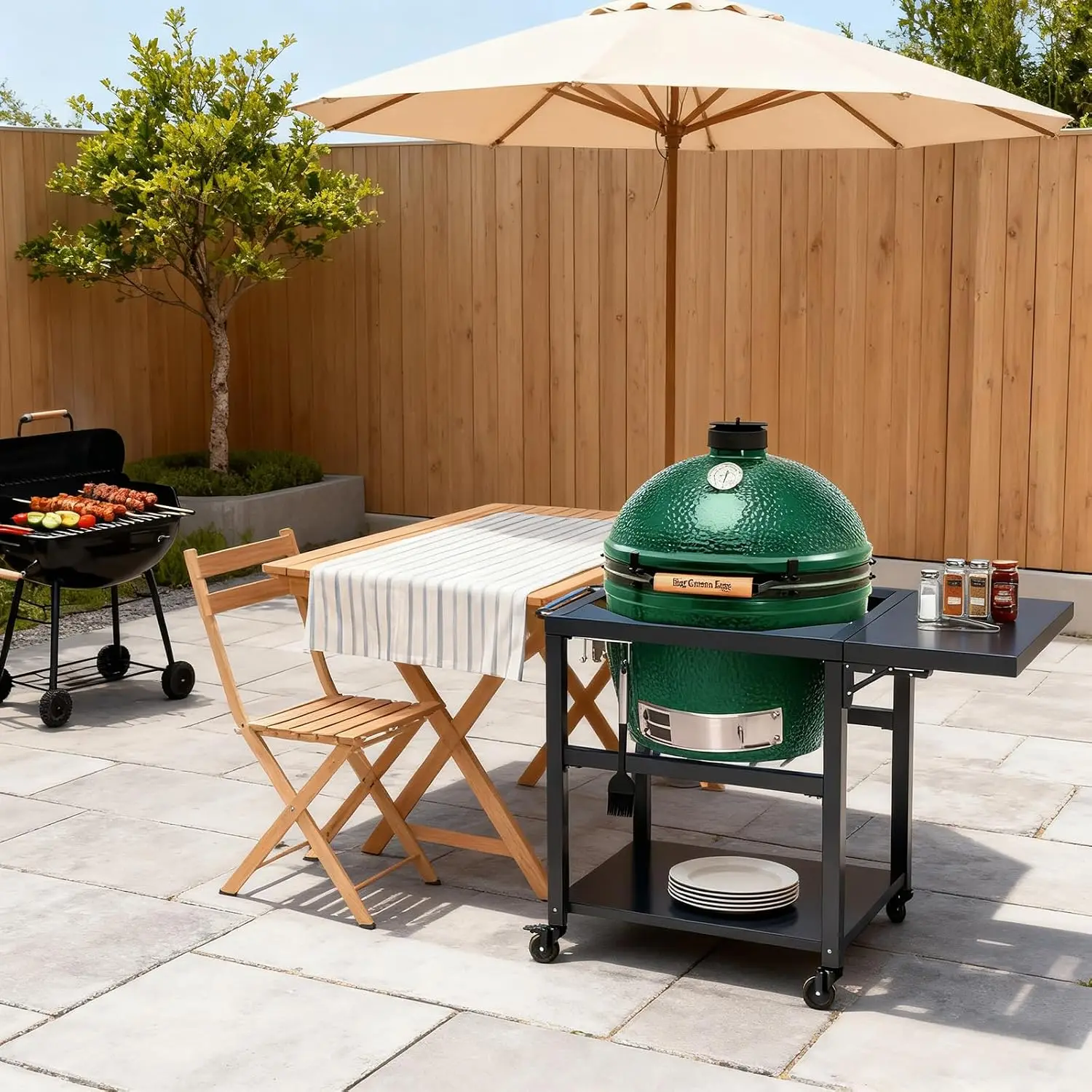Foldable Side Table, Hooks, Bottom Shelf, Outdoor BBQ Prep Station Big Green Egg Accessories