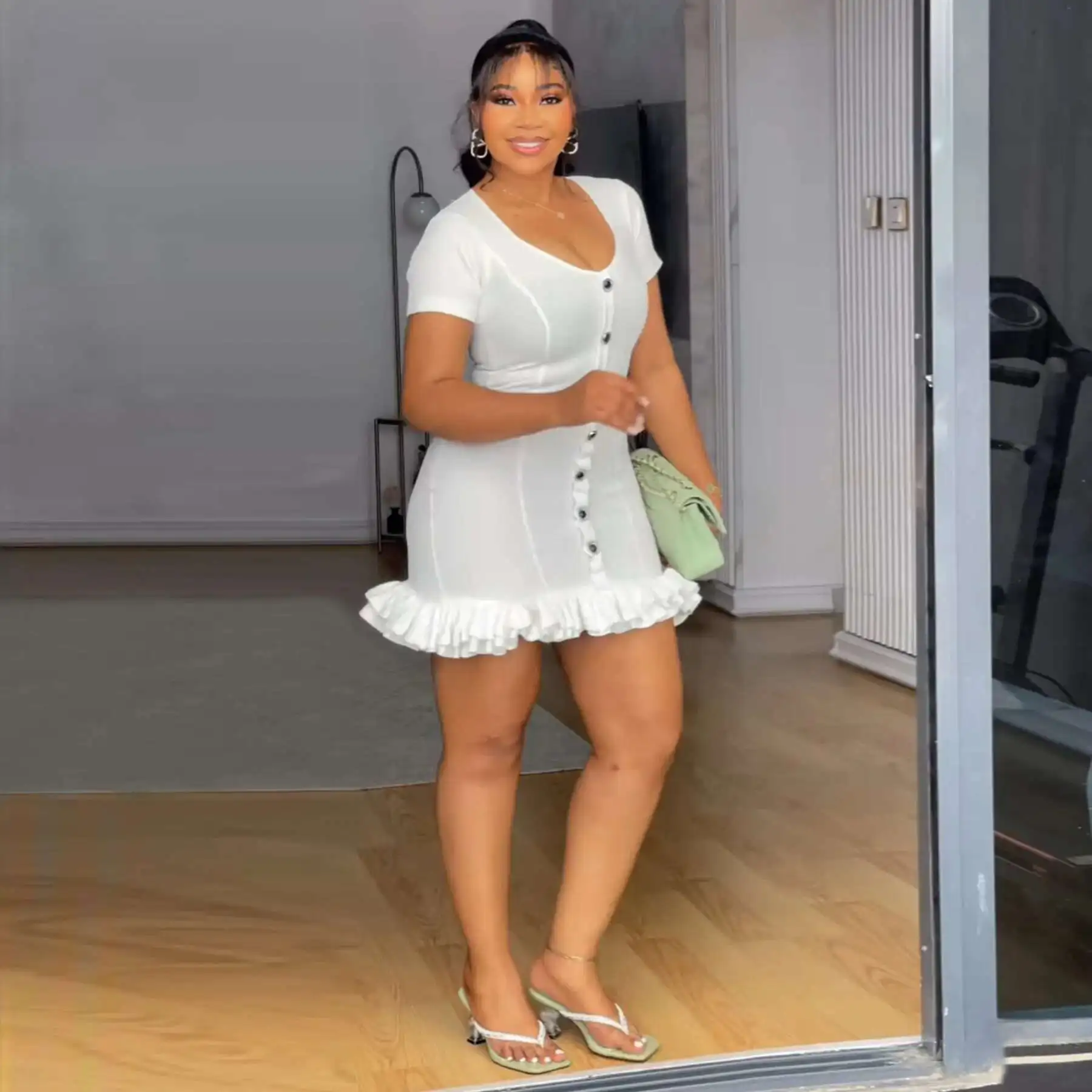 

Fashion 8091 Knitted Sexy Hot Girl Waist-cinching Slimming Ruffle Solid Color Button-down Knitted Dress Elegantes Casual Y2k