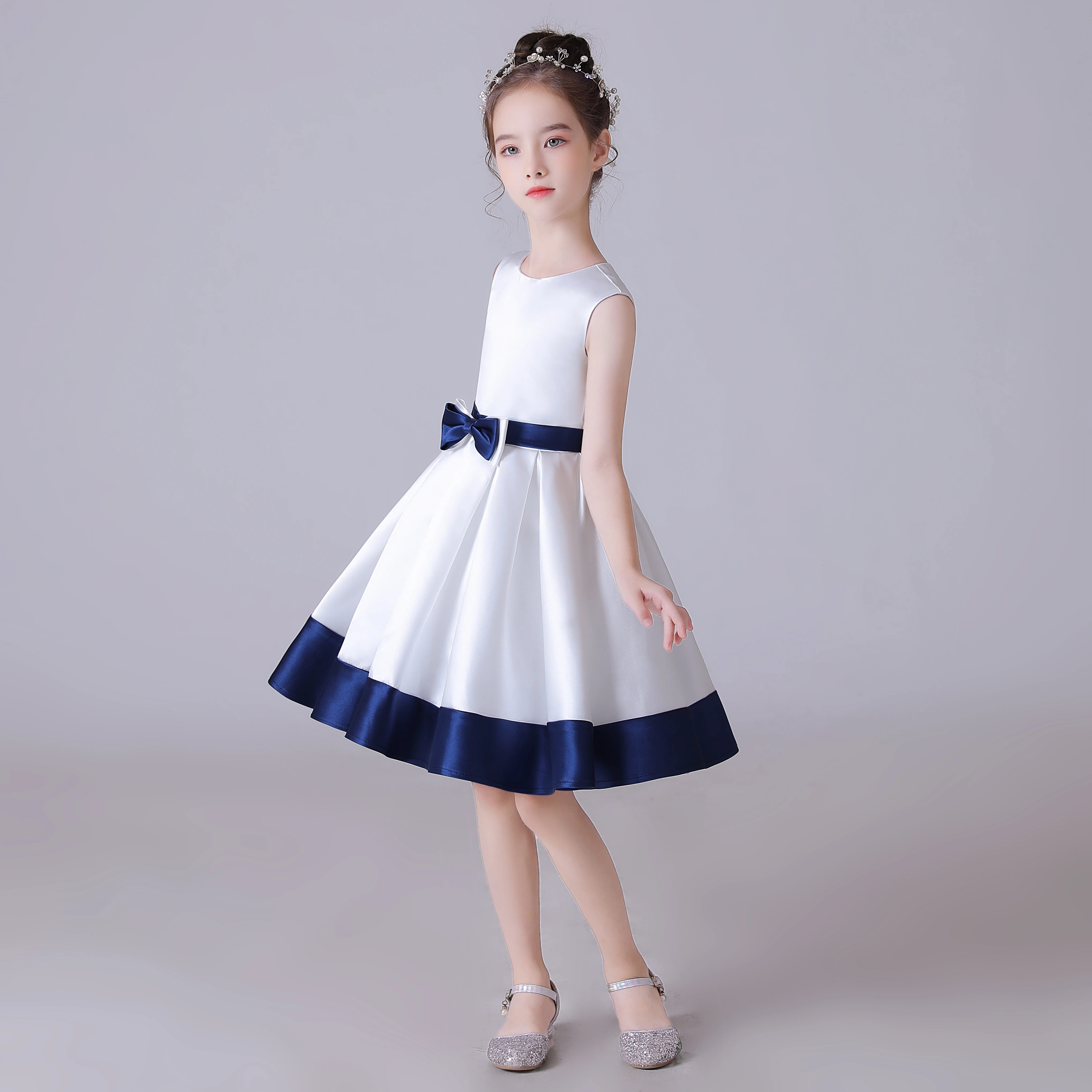 Dideyttawl White Dress For Girl O-Neck Satin Bow Flower Girl Dresses Kids Birthday Formal Princess Gowns