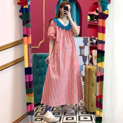 Chic Anti-Aging Doll Collar Lace Trim Loose Bubble Sleeve Long Flared Stripe Dress Summer Commute Style Casual Loose Waist
