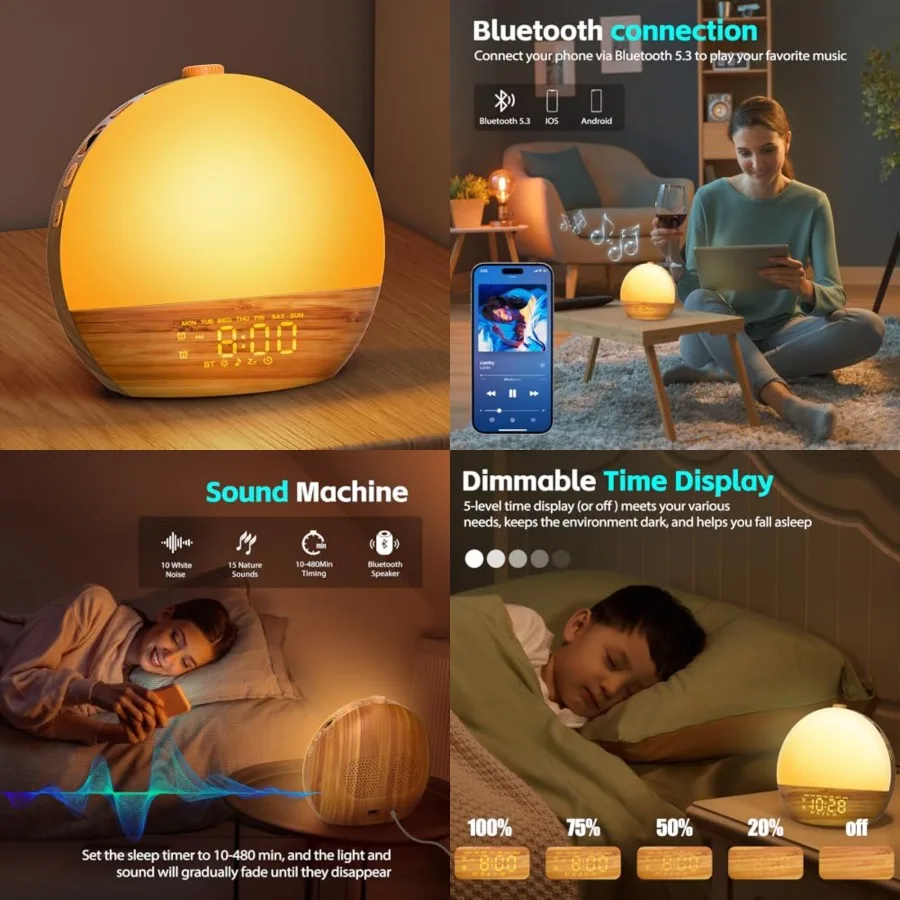 

Noise Sound Machine Sunrise Alarm Clock with 25 Soothing Sounds, 17 Dimmable Night Lights, Bluetooth Speaker Wake Up Light alar