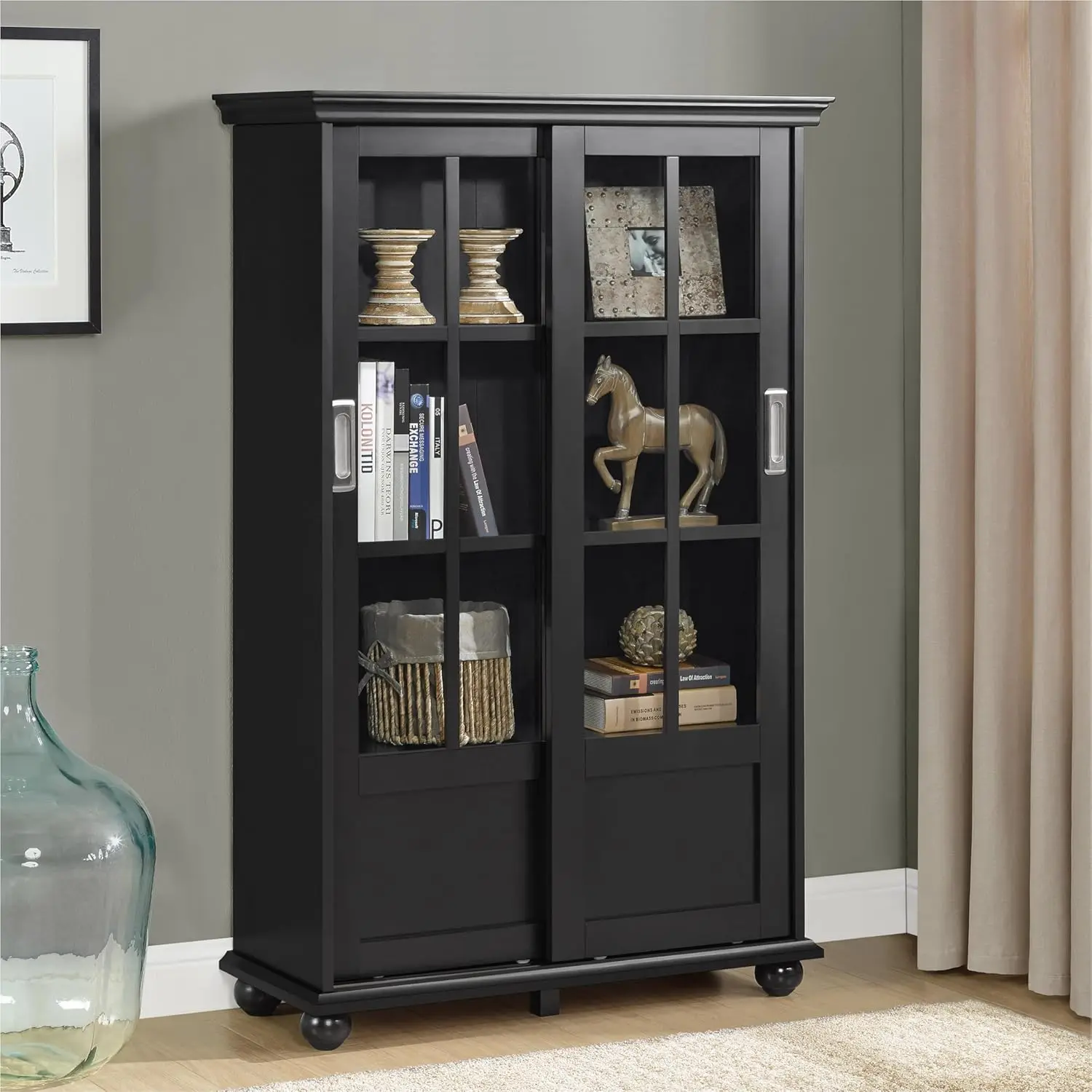 Home Aaron Lane Bookcase with Sliding Glass Doors, Black