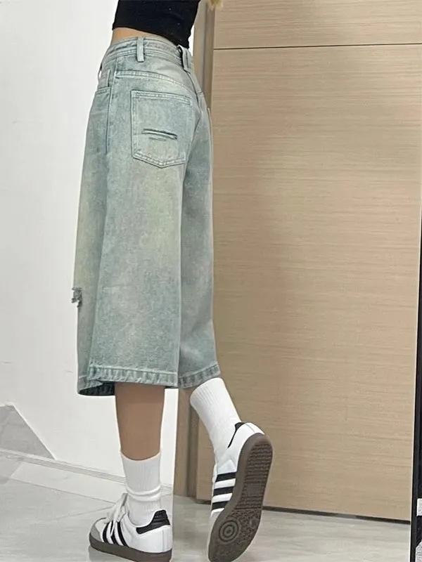 

plus Size Denim orts Women's Summer New Sle Pear ape Slimming Small Size Wide Leg Seven-Foot Medium Pants Casual High W...