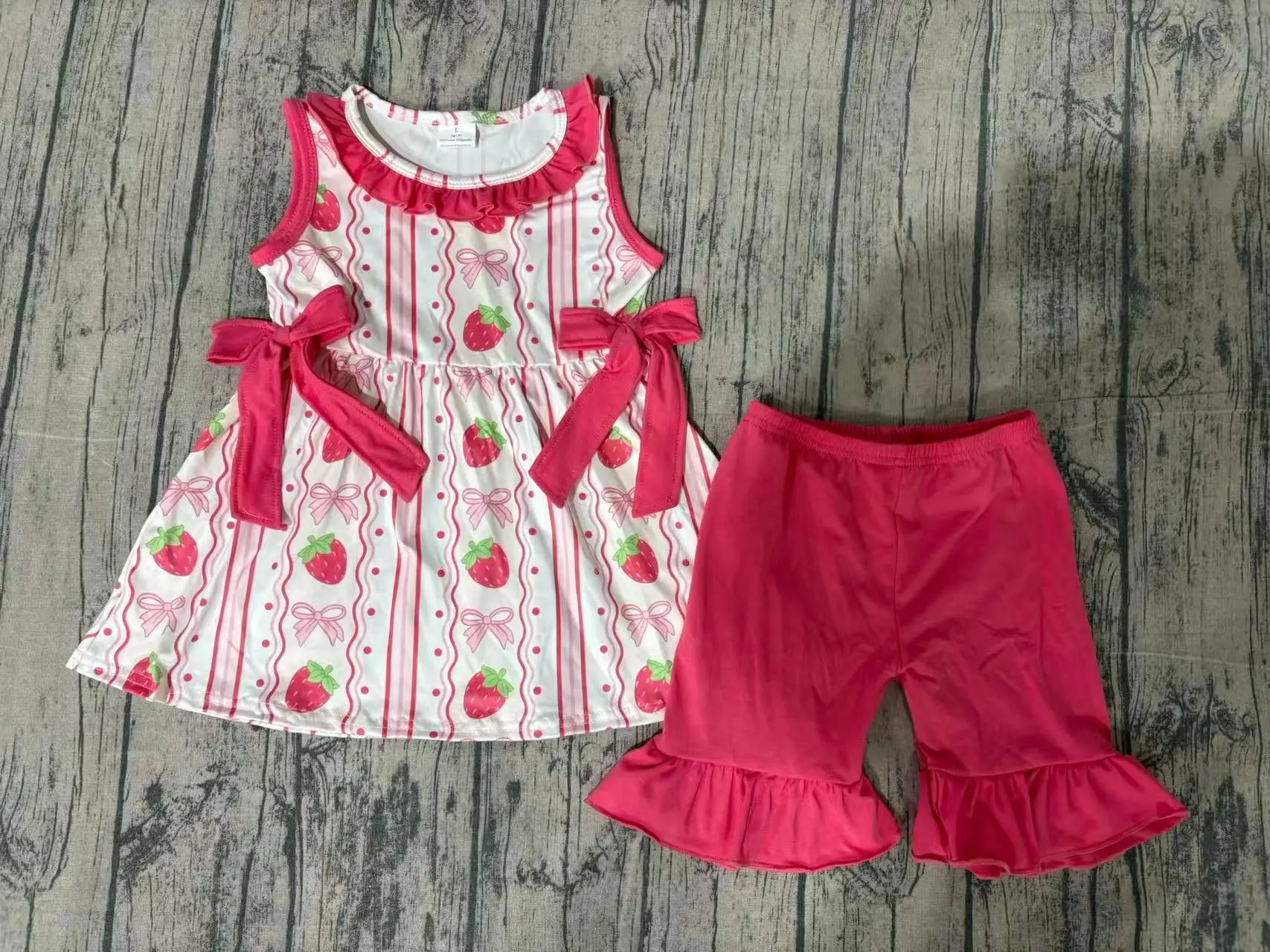 Wholesale Baby Girl Sleeveless Strawberry Bows Tunic Set Children Toddler Outfit Kids Ruffle Cotton Shorts Girls Summer Clothes