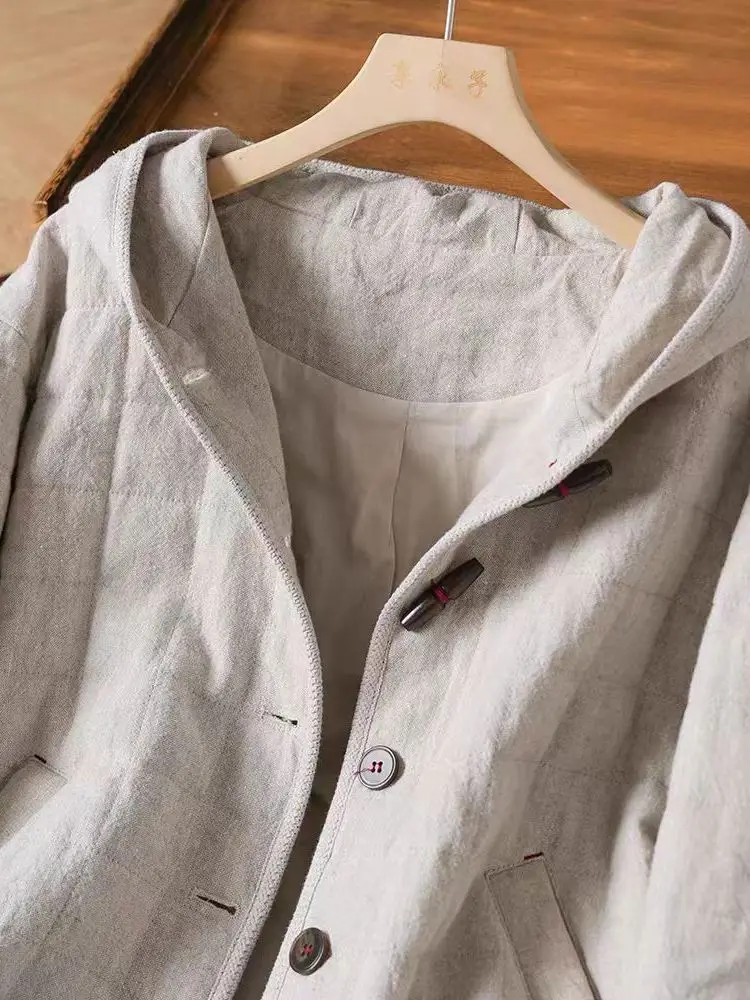 جاكيت نسائي شتوي فضفاض ودافئ من القطن والكتان بتصميم فني عتيق مع غطاء للرأس، معطف قطني طويل الأكمام بصف أزرار مزدوج