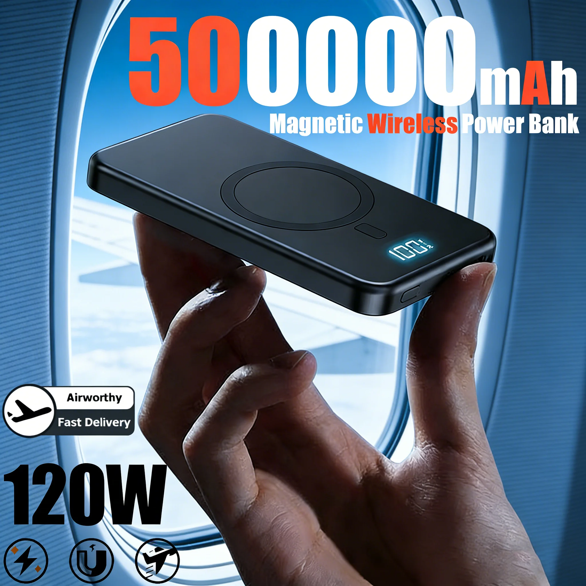 

50000 мАч Магнитный беспроводной внешний аккумулятор 3 в 1 PowerBank PD 22,5 Вт Быстрая зарядка Внешний аккумулятор Magsafe для iPhone 17 Huawei Xiaomi